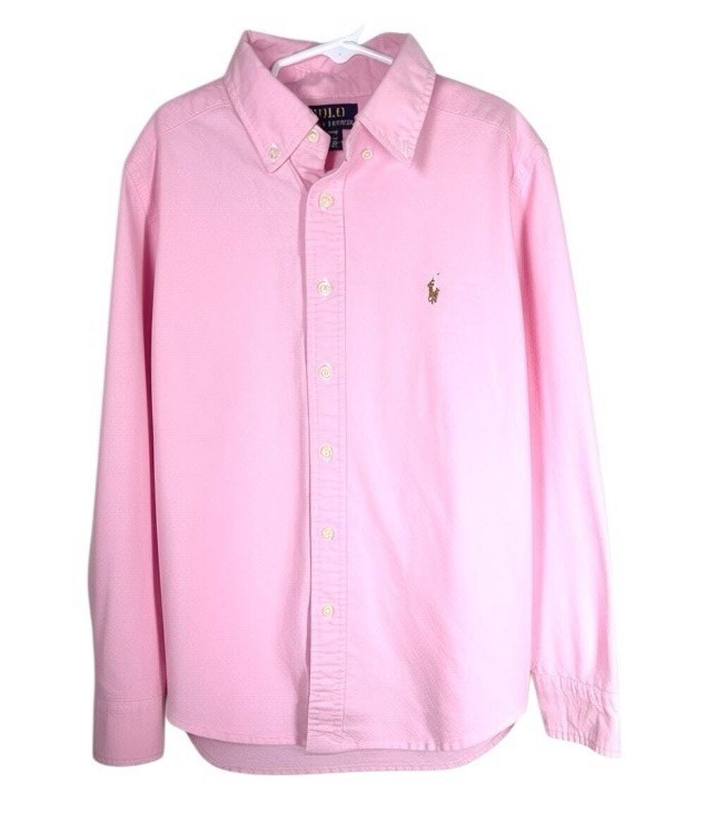 Ralph Lauren Boys L (10-12)Solid Pink Logo Long Sleeve Button-Down Shirt Preppy